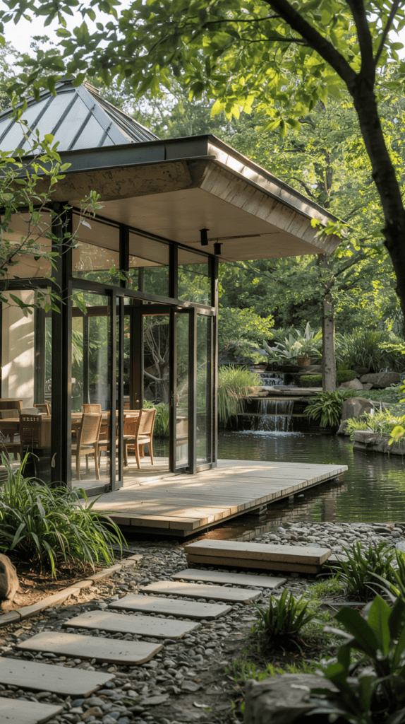 A modern glass-walled pavilion with a dining area inside, surrounded by lush greenery and a small pond with a cascading waterfall feature.
