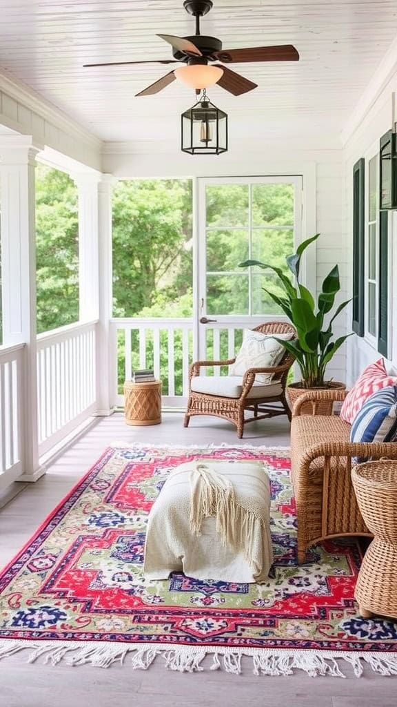A porch with wicker furniture, colorful cushions, a red and blue patterned rug, and a ceiling fan. The porch has white walls and a view of greenery outside.