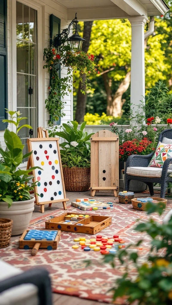A summer porch with various outdoor games and seating