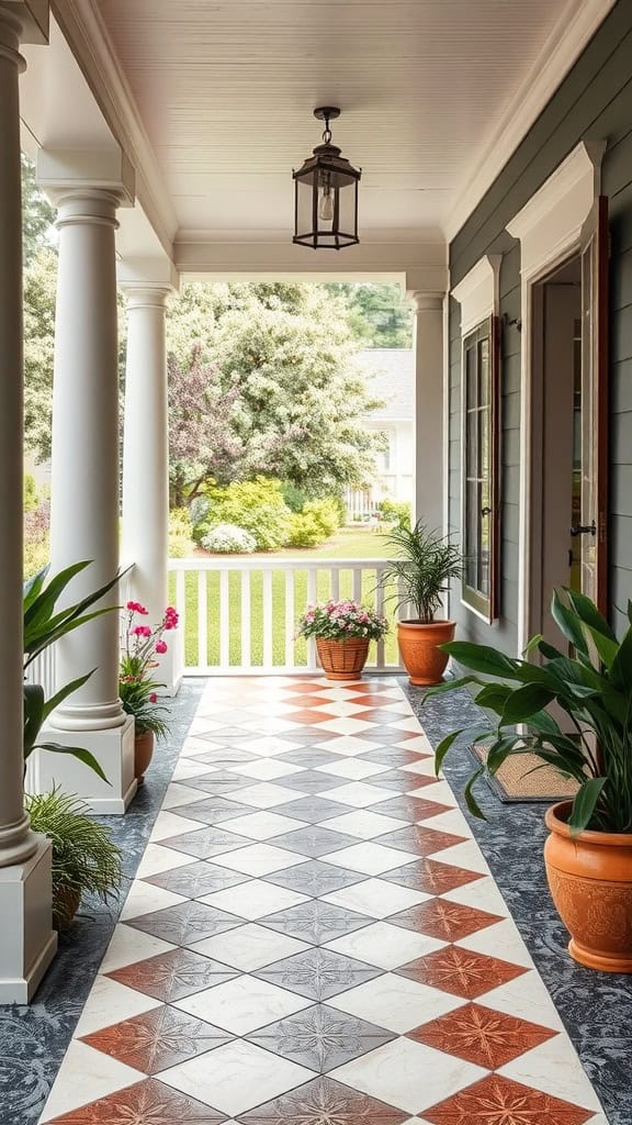 A covered porch with a tiled floor featuring a geometric design in brown, white, and gray. Potted plants and flowers line the edges, and a lantern-style light fixture hangs from the ceiling. The porch overlooks a green, bushy garden area with trees in the background.