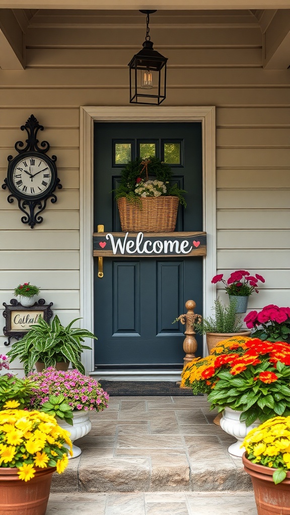 A charming porch with a personalized welcome sign, colorful flowers, and a decorative clock.