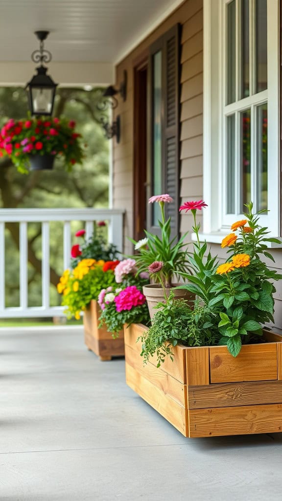 Colorful flowers in wooden planters on a porch with a white railing and hanging lantern above.