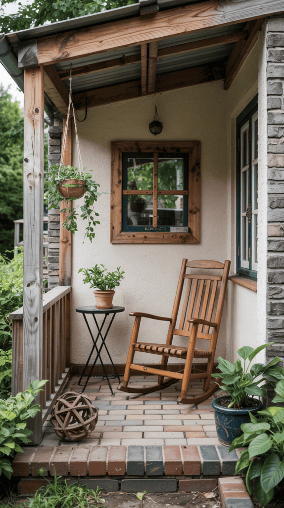 A cozy porch with a wooden rocking chair, a small round table with a potted plant, and a hanging basket of greenery. The porch features a wooden and brick structure, with plants adding a touch of nature.