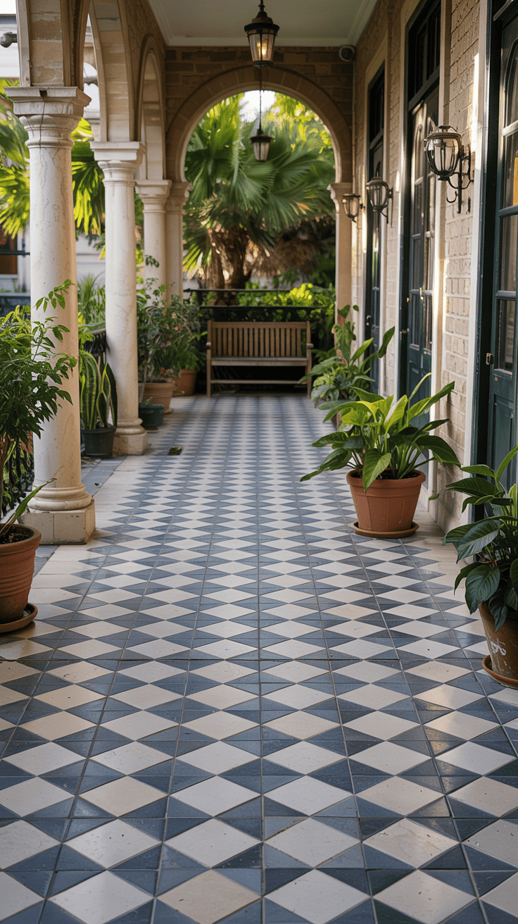 A tiled hallway with a checkered pattern leads to an outdoor area, featuring potted plants lining the sides and arched columns on the left. A wooden bench is placed at the end of the hallway under a hanging lantern, with lush greenery visible in the background.
