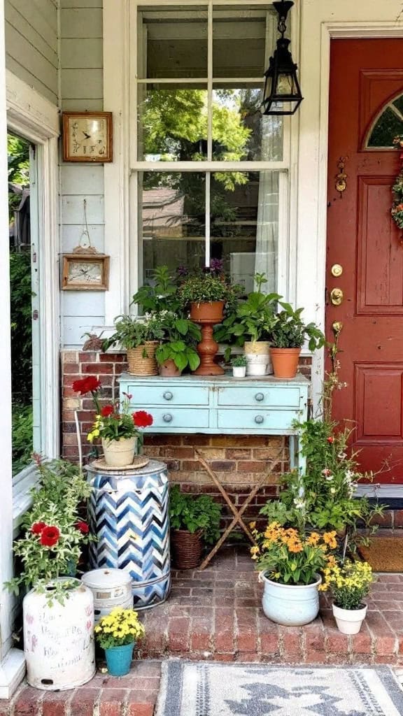 A small front porch decorated with vintage items, including clocks, pots, and a wicker chair.