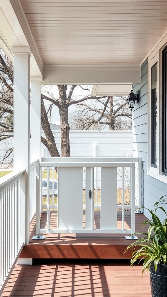 A modern porch with a white rolling railing system and a potted plant.