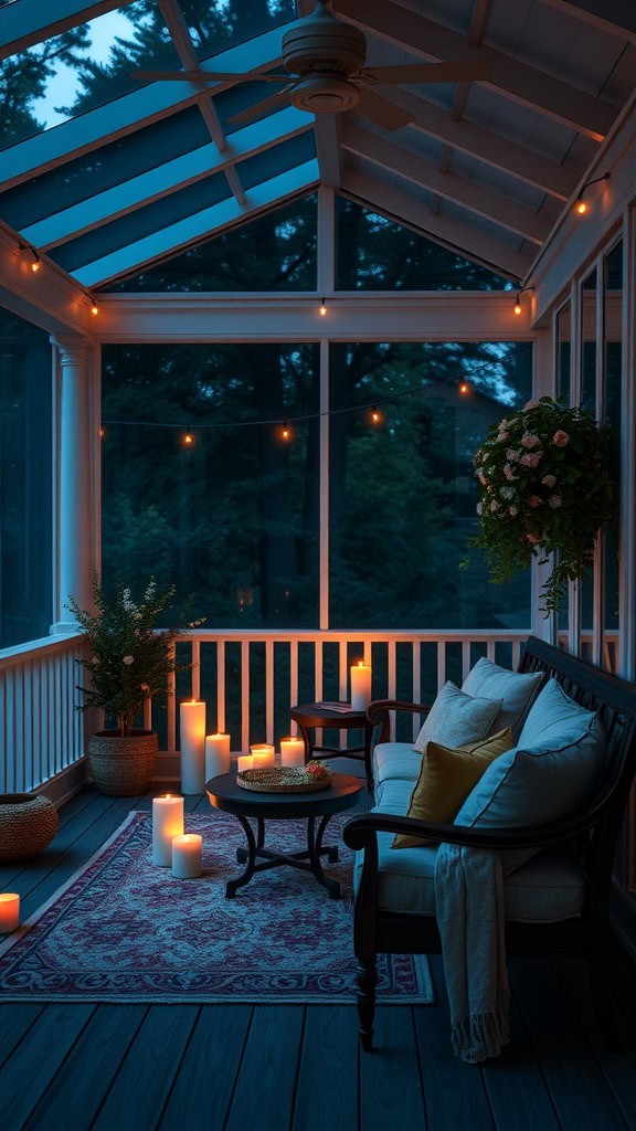 A cozy, dimly lit sunroom with a wooden bench adorned with cushions and a throw blanket. The room is illuminated by candles of various sizes placed on a small table and the floor, with string lights hanging from the ceiling. The space features a vibrant red area rug and potted plants, framed by large windows overlooking a darkened outdoor area.