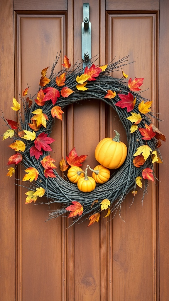 A rustic autumn grapevine wreath decorated with colorful leaves and small pumpkins.