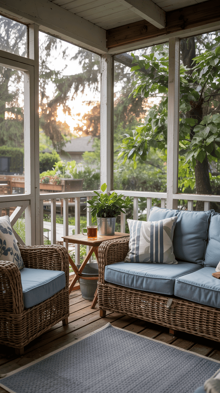 A cozy enclosed porch with wicker armchairs and a sofa fitted with blue cushions and patterned pillows. A small wooden table holds a potted plant and a mug of tea, and outside, a garden can be seen through the window screens.