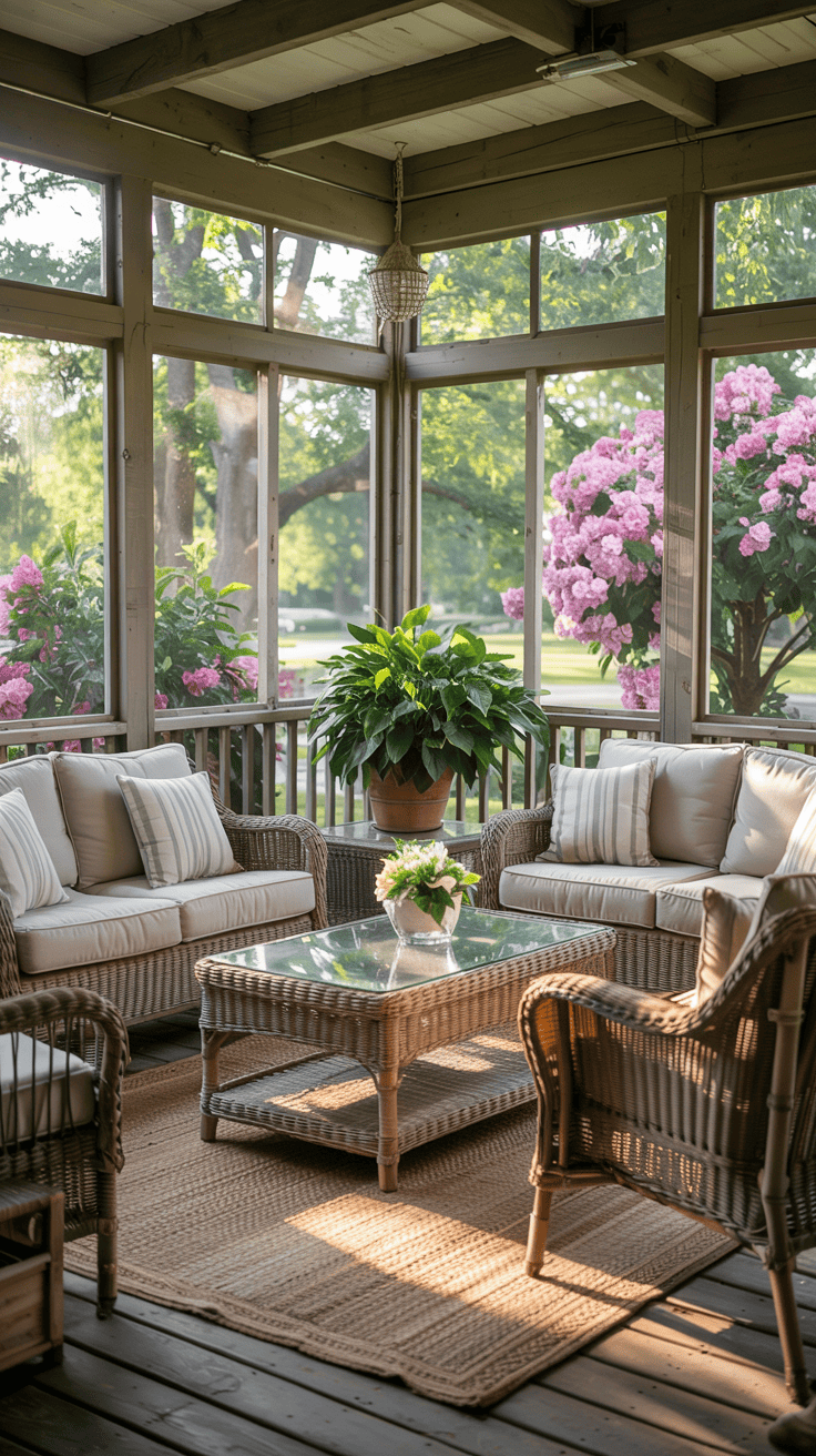A cozy sunroom with wicker furniture set including a loveseat, two armchairs, and a glass-topped coffee table on a woven rug. The room is adorned with green potted plants and pink hydrangeas visible through large windows, with abundant natural light streaming in.