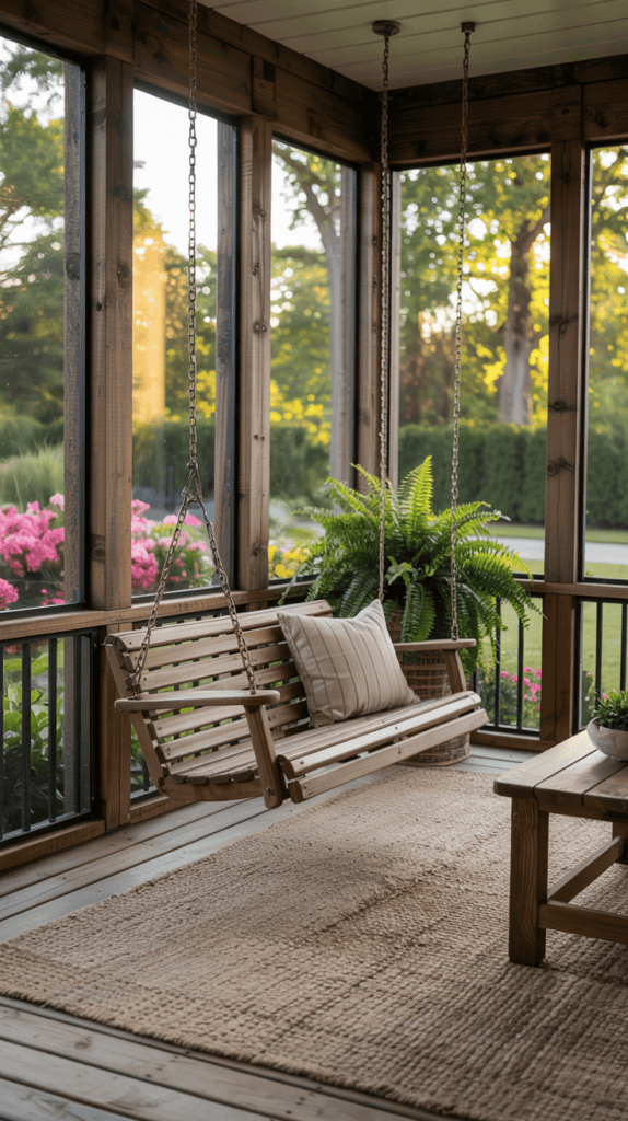 A cozy porch with a wooden swing, adorned with a striped cushion, hanging from chains. The porch is enclosed with a wooden frame and screen, and features a woven rug and a potted fern. In the background, colorful flowers and greenery are visible through the screen, with sunlight filtering through the trees.