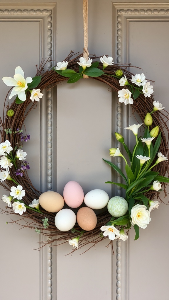 Easter egg wreath adorned with flowers and pastel-colored eggs