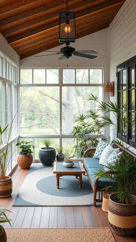 A cozy sunroom with a wooden ceiling and large windows, featuring a wicker sofa with blue cushions, a wooden coffee table, and several potted plants. A ceiling fan and a lantern-style light fixture hang above, while a geometric patterned rug adds color to the wooden floor.