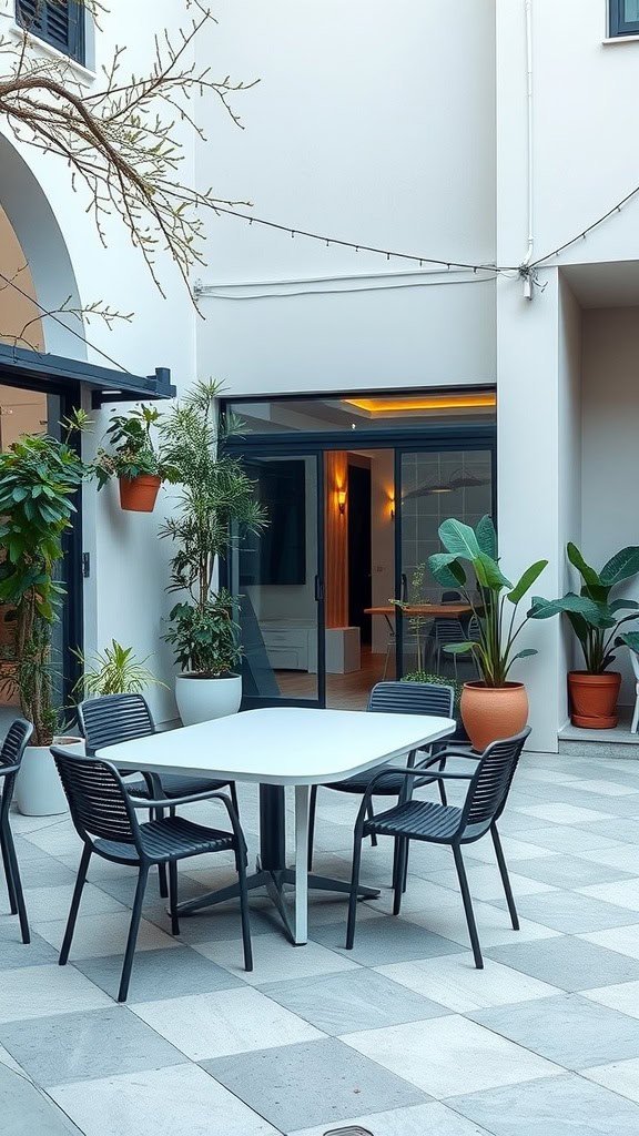 A modern outdoor patio featuring a set of black chairs around a square table on a tiled floor, surrounded by potted plants and enclosed by white walls with large glass doors leading inside.