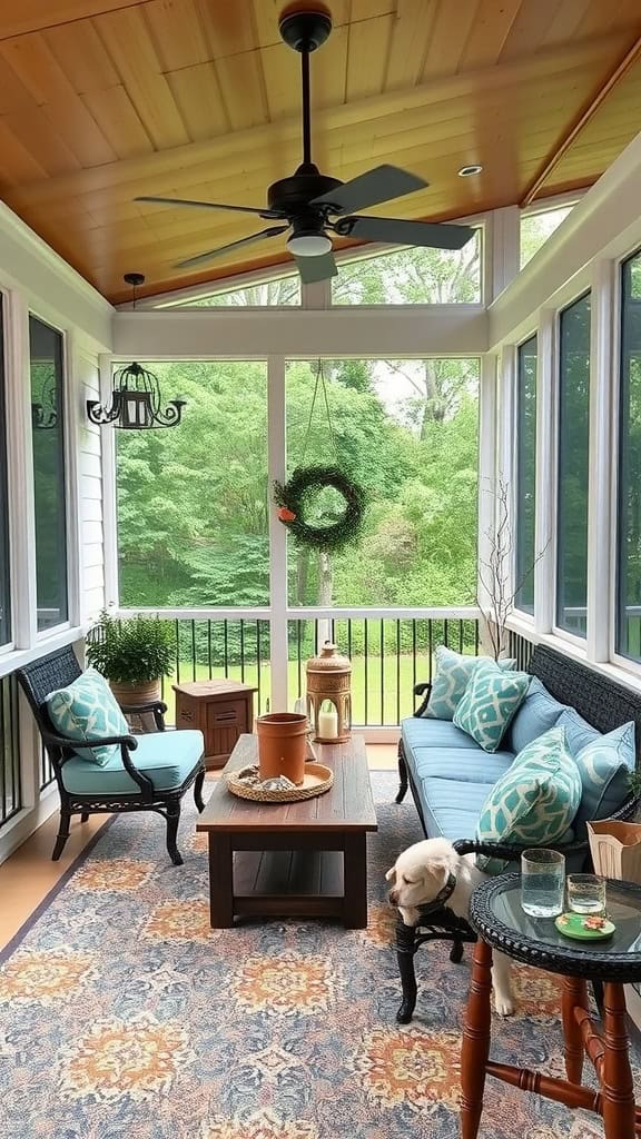 A cozy sunroom with wicker furniture, patterned cushions, and a patterned rug. A dog is sitting near a table with a glass of water. The room features a wooden ceiling with a ceiling fan and a view of lush greenery outside.