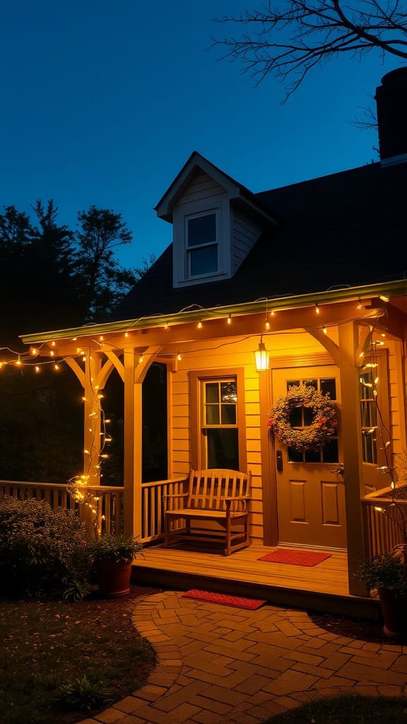A cozy house porch illuminated by warm string lights in the evening, featuring a wooden bench and a wreath on the front door, with a brick path leading to the entrance.