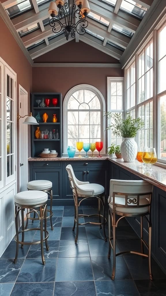 A cozy kitchen area with a slanted glass ceiling, featuring dark blue cabinets, a row of colorful glassware on the counter, and bar stools with white cushions. The room is well-lit by large windows and a decorative chandelier hangs above.