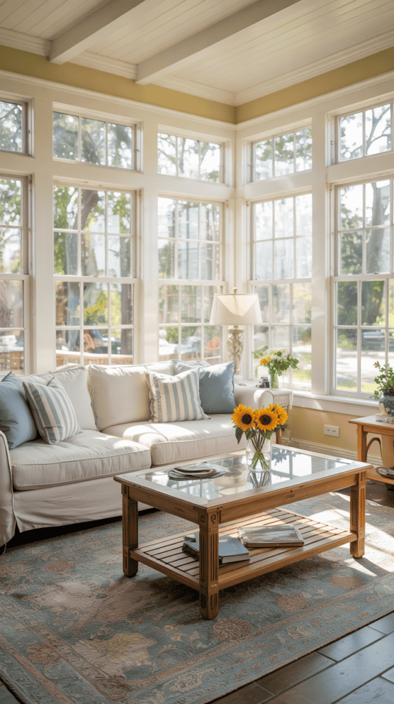 A sunlit living room with large windows featuring a beige sofa adorned with blue and striped cushions. In front of the sofa is a wooden coffee table with a glass top, holding a vase of sunflowers. A decorative lamp sits next to the sofa, and the area is accented with a floral rug and greenery outside the window.
