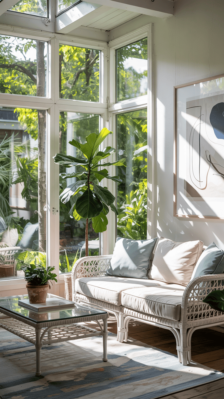 A bright sunlit room with large glass windows showing greenery outside. Inside, there is a wicker sofa with light cushions, a glass-topped coffee table, and potted plants, including a fiddle leaf fig tree. A piece of abstract art hangs on the wall.