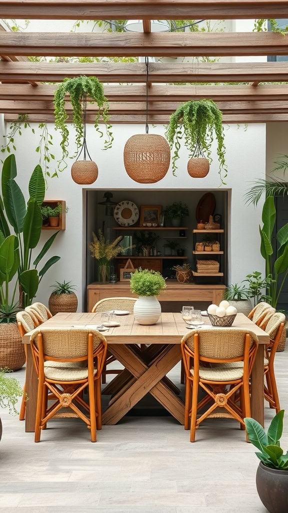 A stylish dining area with a wooden table surrounded by six rattan chairs. The space is adorned with hanging plants from a wooden pergola and features potted plants around the area, creating a lush, natural atmosphere. A wooden cabinet with decorative items is situated in the background.