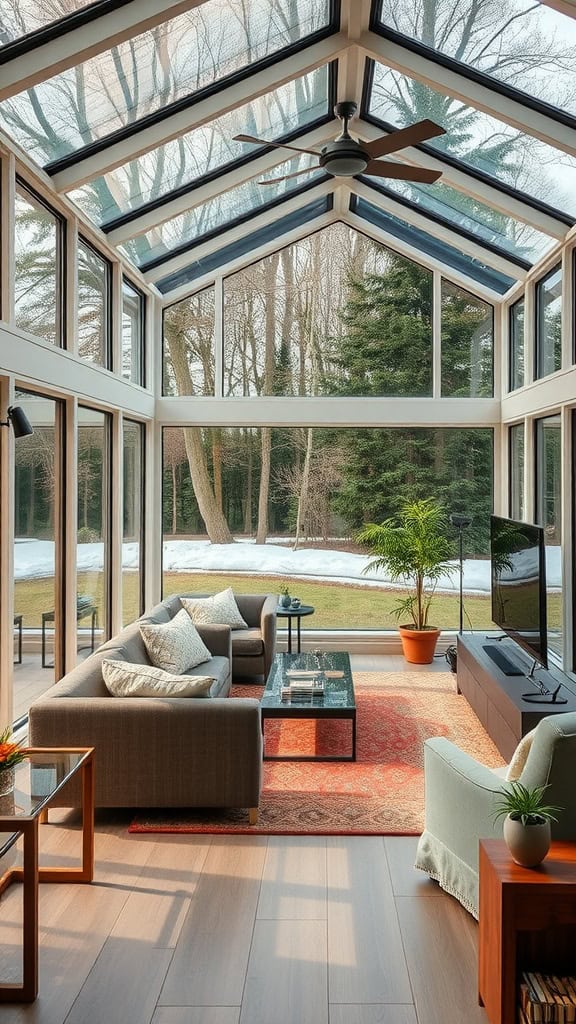 A modern sunroom with large glass windows and a ceiling, featuring a comfortable seating area with a gray sofa, an armchair, and a glass coffee table on a red rug. There's a flat-screen TV on a stand and a potted plant near the windows, with a view of snow-covered grass and trees outside.