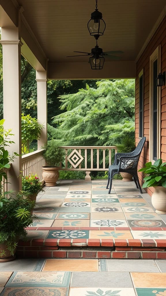 A porch with colorful patterned tiles, a black chair, potted plants, and a wooden railing, surrounded by lush greenery.