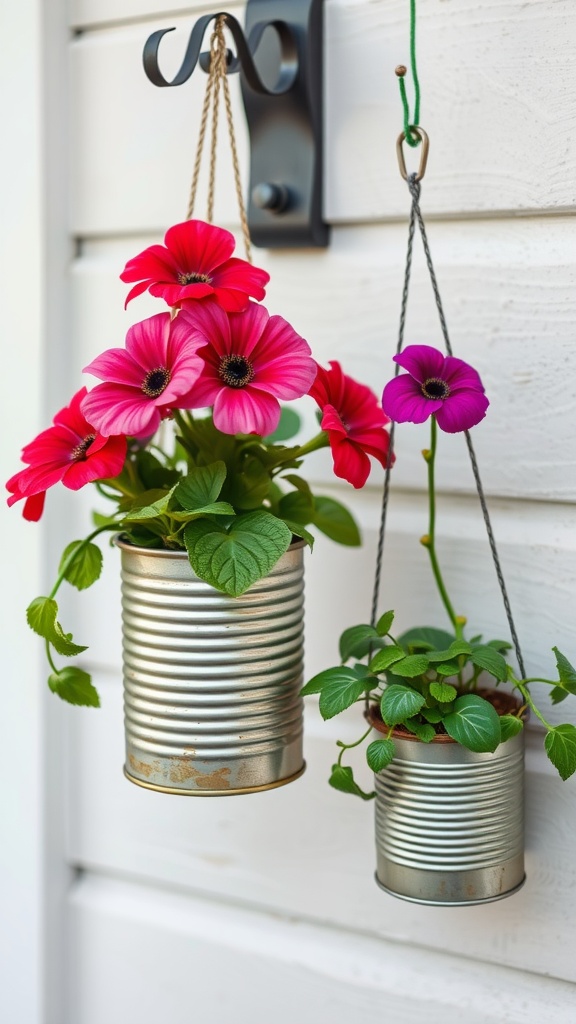 Hanging tin can planters with colorful flowers and greenery