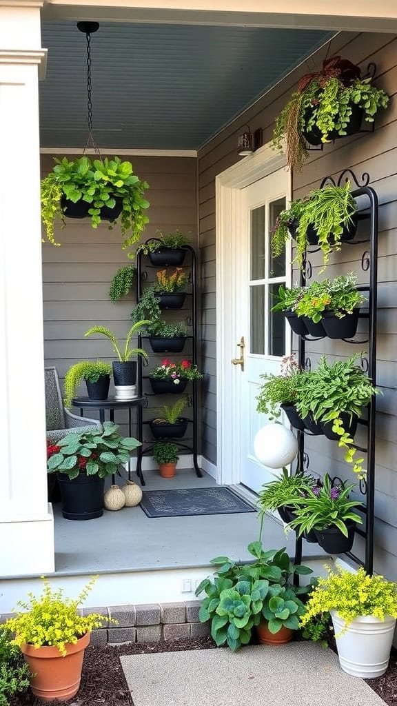 A cozy porch decorated with various potted plants including hanging baskets and tiered planters, along with a small table and chair, creating a lush and inviting entrance.