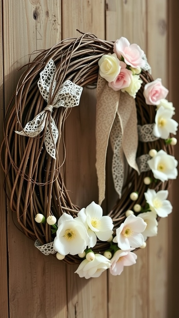 A vintage chic grapevine wreath featuring pastel roses and decorative elements.