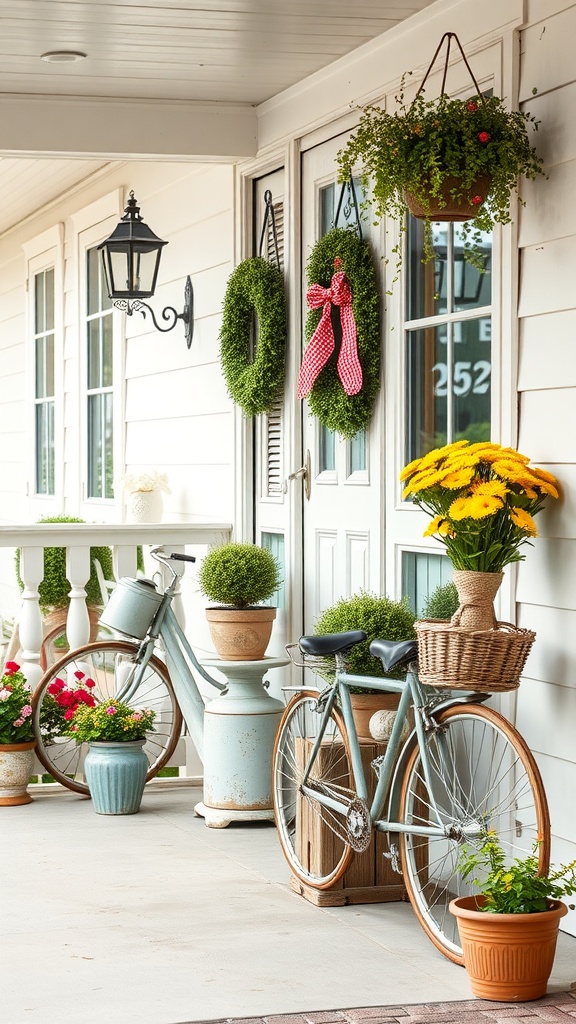 A charming porch with a vintage bicycle adorned with a basket of yellow flowers, surrounded by potted plants and flowers. Green wreaths with red bows hang on the door, and a hanging plant is suspended above. The porch is decorated in a rustic style with a black lantern on the wall.