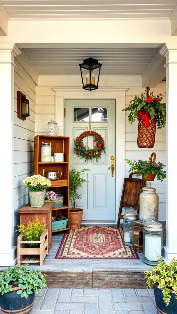 A rustic farmhouse porch featuring wooden crates, potted plants, and a decorative wreath on the door
