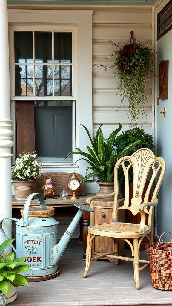 A charming porch featuring vintage decor items like a watering can, wooden chair, and various plants.