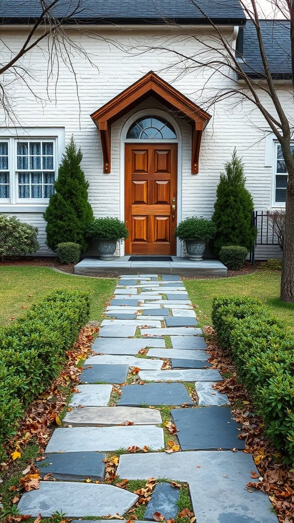 A welcoming stone pathway leading to a front door, framed by neatly trimmed bushes.