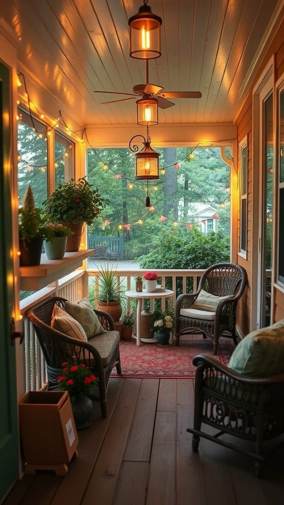 A cozy porch with wicker chairs, a small round table, potted plants, and string lights, creating a warm ambiance. The porch is covered with a wooden ceiling and features decorative lanterns and a red rug.