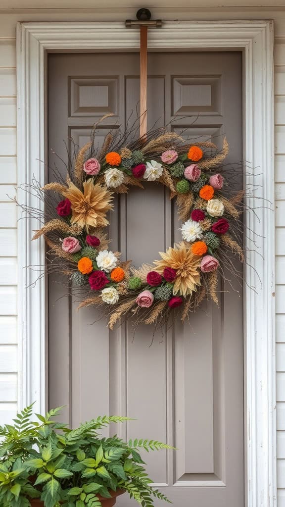 A decorative fall-themed wreath with dried flowers and leaves in warm colors, such as orange, red, white, and brown, hangs on a grey paneled door. Below the wreath, a potted plant with green leaves is placed on the doorstep.