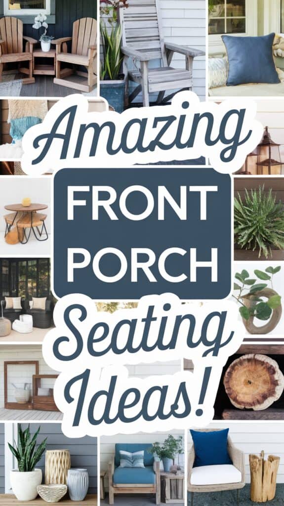 Collage of various front porch seating arrangements, featuring wooden chairs, cushions, small tables, and potted plants, with text overlay reading "Amazing Front Porch Seating Ideas!" in bold and script fonts.