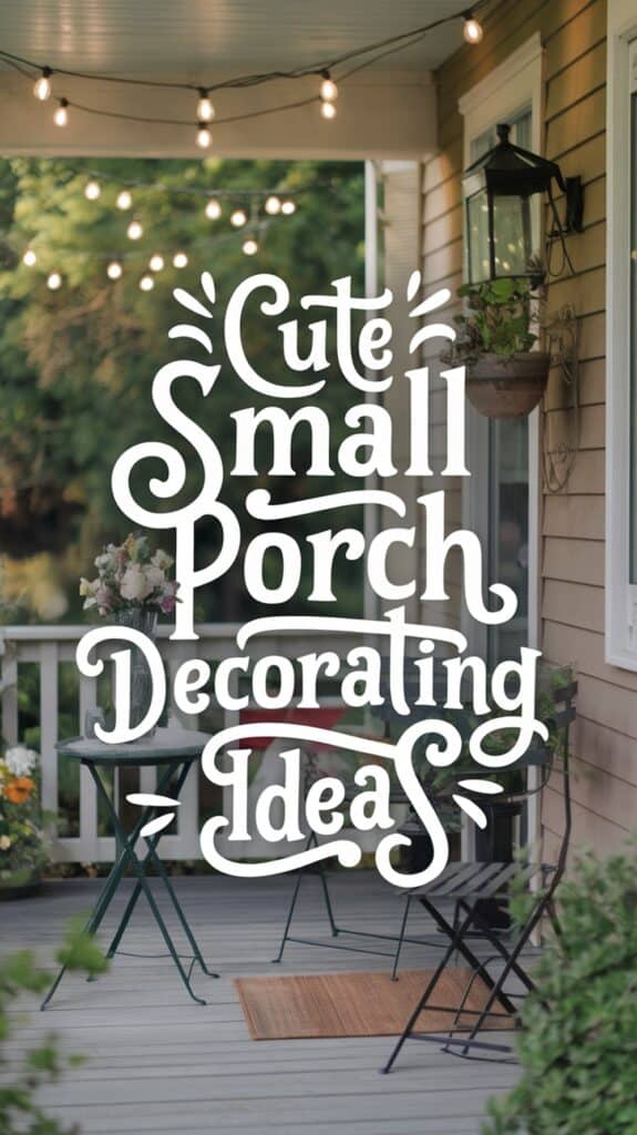 A small porch decorated with a table and chairs, string lights, and potted plants with the words 'Cute Small Porch Decorating Ideas' overlaid.