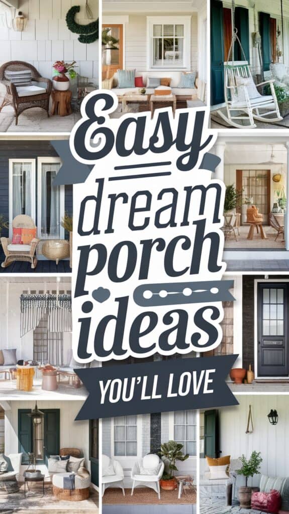 A collage of various porch designs, featuring different seating arrangements, plants, and decorative elements, with the text "Easy Dream Porch Ideas You'll Love" prominently displayed in the center.