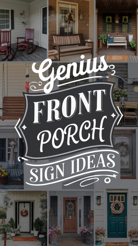 Collage of front porch designs with various seating arrangements and decorative elements, overlaid with text reading 'Genius Front Porch Sign Ideas.'