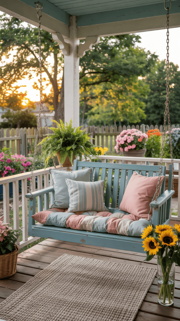 A cozy porch swing with pastel cushions and pillows under a wooden pergola, surrounded by potted plants and sunflowers, with a view of a lush garden and a sunset in the background.