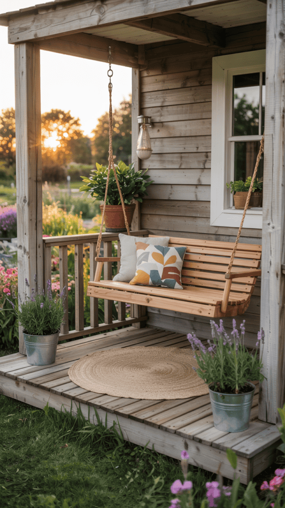 A cozy wooden porch swing with colorful cushions is hung on a small wooden porch. The porch features potted plants, a round woven rug, and overlooks a garden with lavender flowers and greenery. The sun is setting in the background, casting a warm glow over the scene.