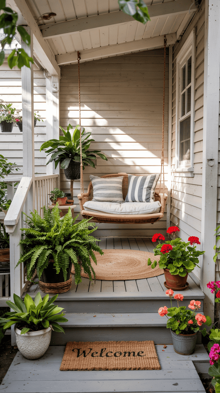 A cozy porch area with a hanging wicker swing adorned with striped cushions, surrounded by various potted plants including ferns and flowering geraniums. The wooden porch features a 'Welcome' mat and is shaded by a white paneled roof.