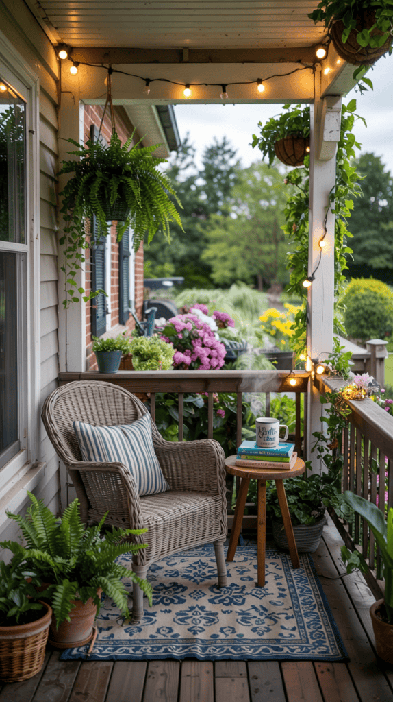A cozy porch with a wicker chair featuring a striped cushion, a small round table holding books and a steaming mug, surrounded by lush plants and flowers. String lights hang overhead, enhancing the warm and inviting atmosphere.