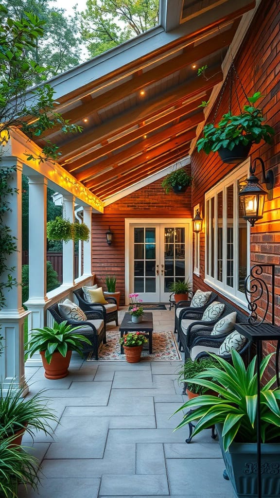 A cozy porch with a wooden roof adorned with string lights, featuring wicker chairs with cushions around a small table. The porch is decorated with hanging and potted plants, and leads to a pair of French doors. The brick walls add a warm contrast to the lush greenery and outdoor seating area.