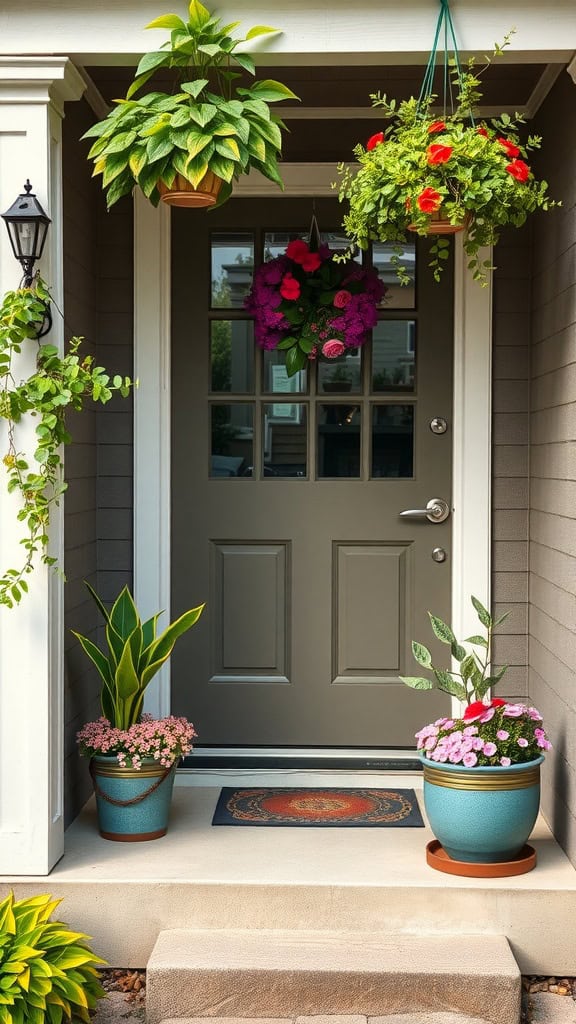 A porch with a gray door featuring glass panels, adorned with a floral wreath. Hanging planters with lush green and red flowers are suspended above, while potted plants with vibrant leaves and pink flowers sit on either side of the entrance. A decorative doormat lies at the doorstep, framed by beige steps and siding.