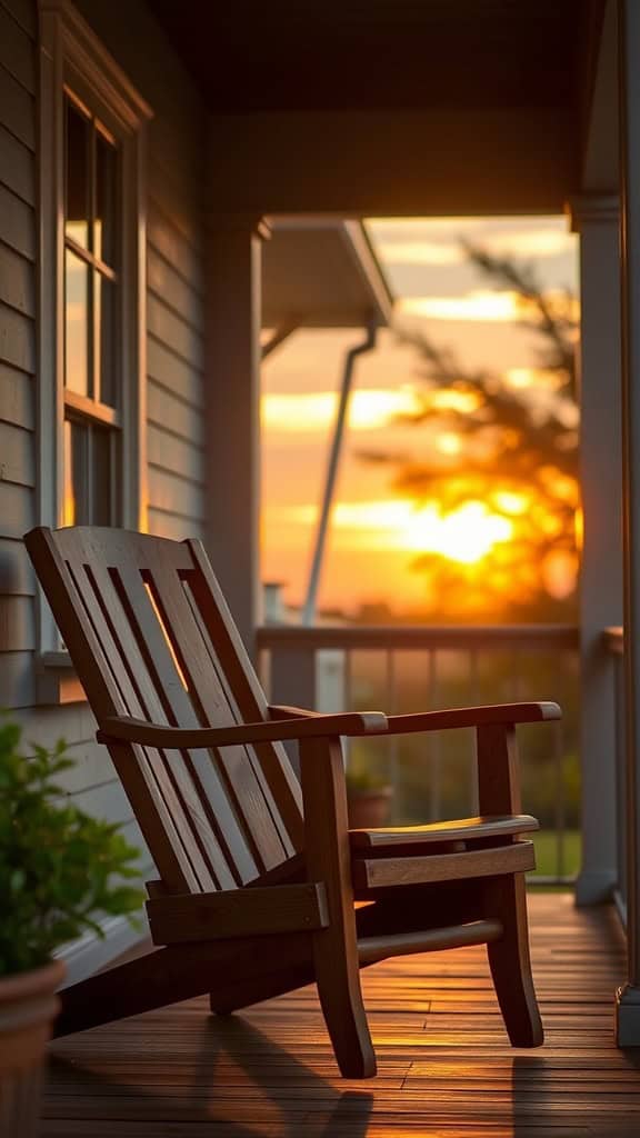 A wooden chair on a porch facing a vibrant sunset, with sunlight illuminating the wooden decking and side of the house.
