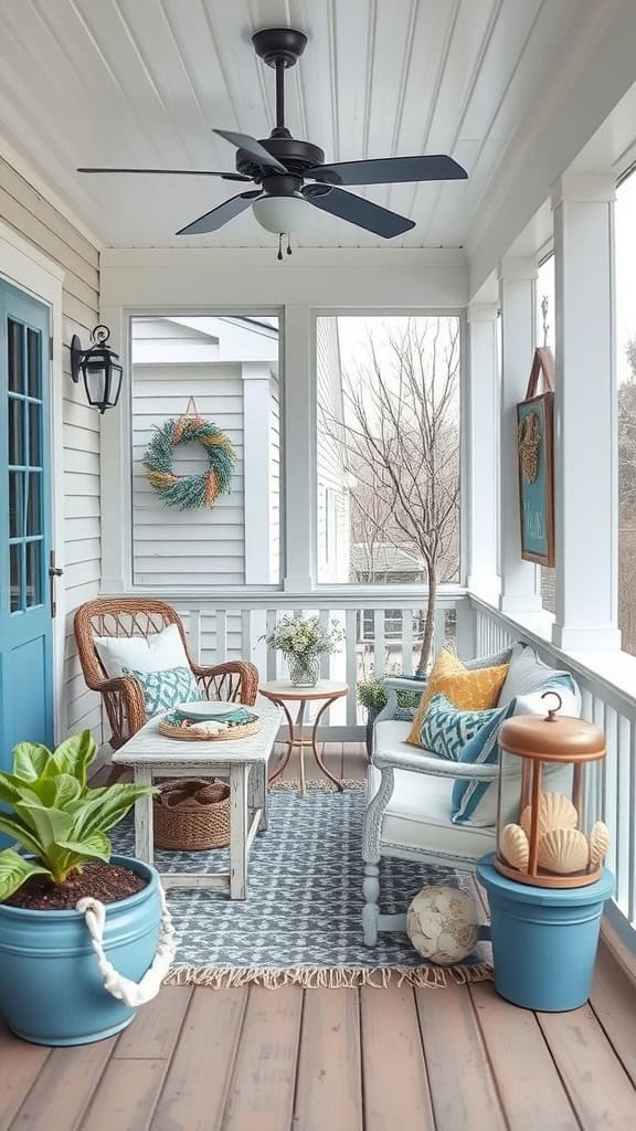 A cozy porch with white wicker chairs and a wooden coffee table on a patterned rug, decorated with blue and yellow cushions. A ceiling fan, potted plants, a nautical-themed lantern, and a wreath on the door add charm to the space.