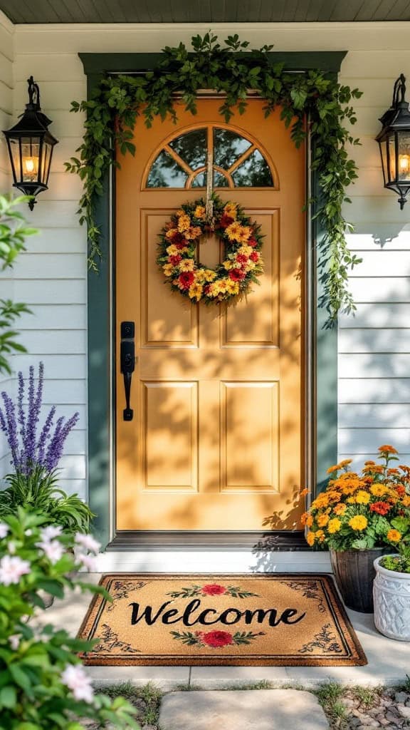 A welcoming front door with orange paint, adorned with a floral wreath and greenery. Flanked by two black lanterns, the entrance features a "Welcome" mat with floral designs and is surrounded by potted flowers and lush greenery, creating an inviting atmosphere.