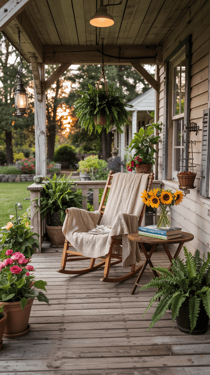 A cozy wooden porch with a rocking chair draped in a beige blanket, surrounded by potted plants including sunflowers in a vase and ferns. A small round table beside the chair holds books, and the porch overlooks a lush garden at sunset.