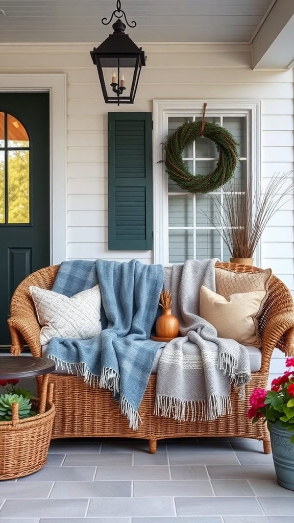 A cozy porch scene featuring a wicker loveseat with blue and gray blankets and decorative pillows, a small round table with a decorative item, a wreath on the wall, potted plants, and a black lantern hanging above.